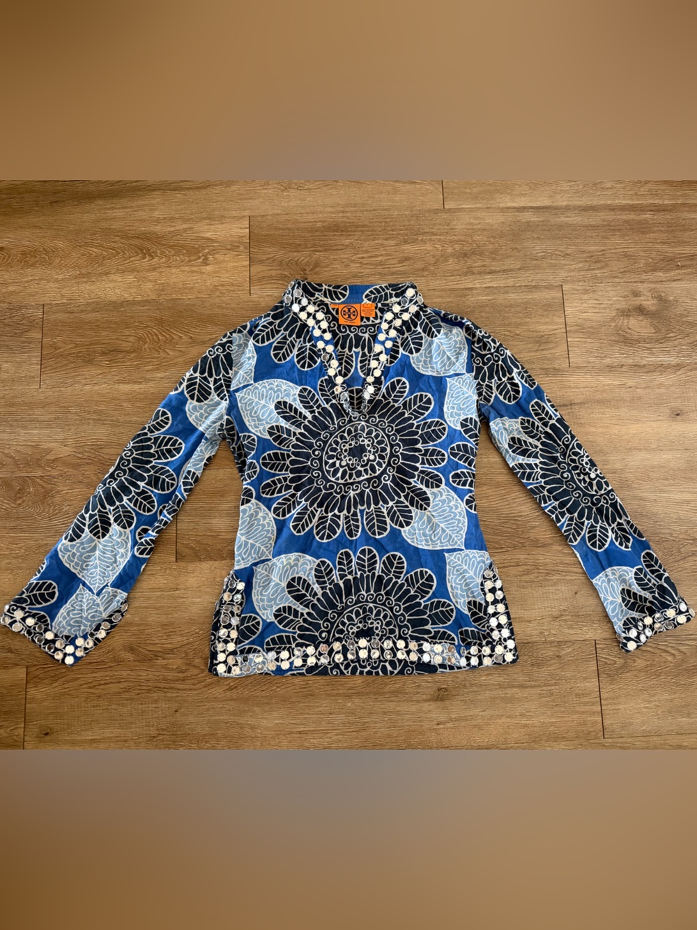 Tory Burch Women Blue Floral Swim Cover-Up top with cute Trim
